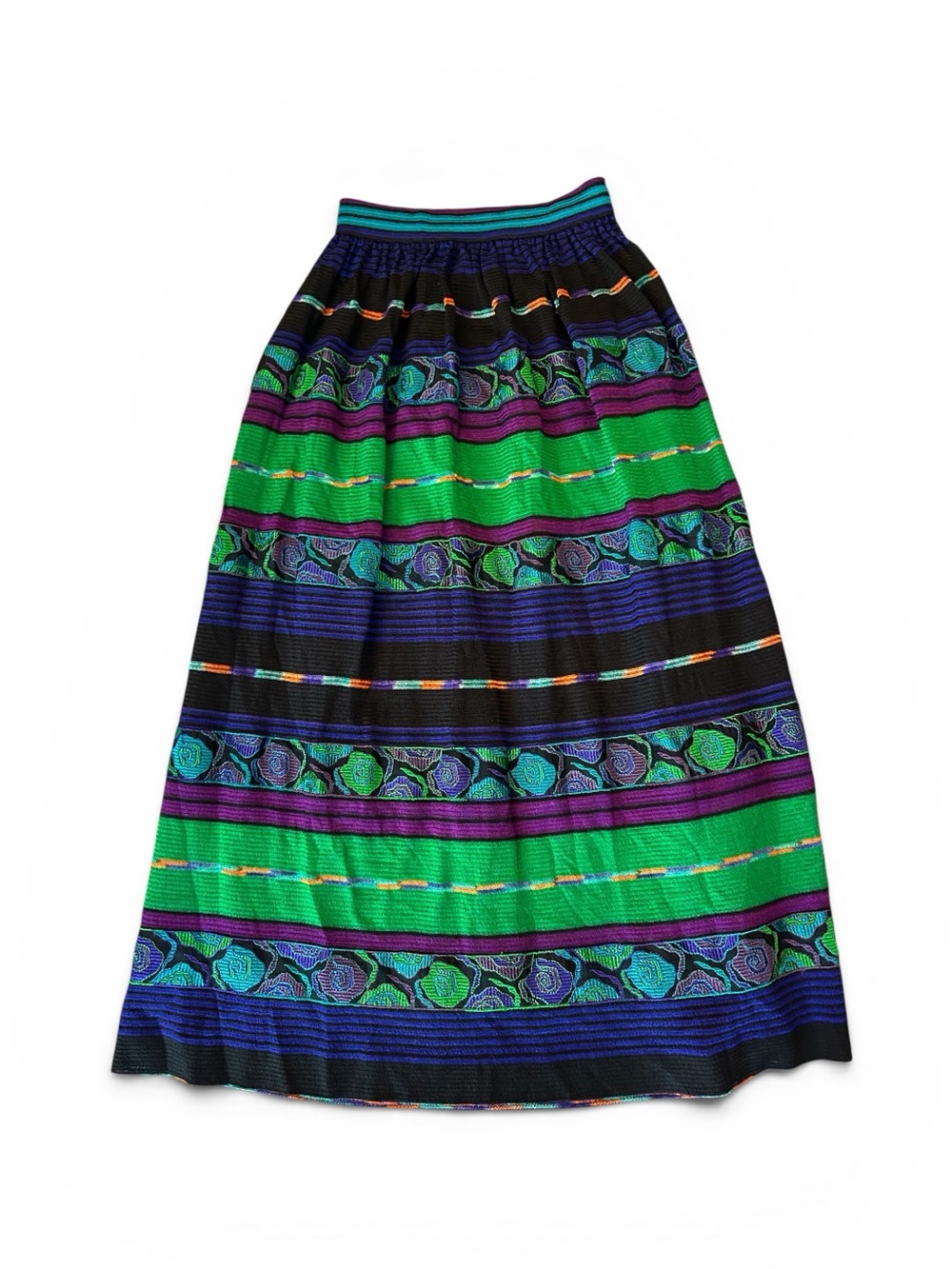 Missoni Vintage 80s Multicolor Striped Maxi Skirt in Green, Purple & Blue